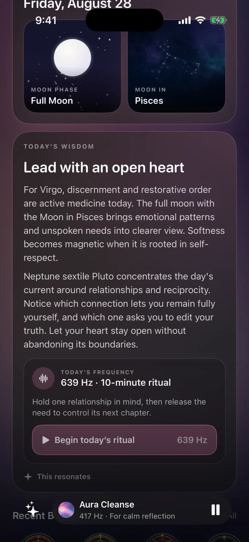 Daily alignment screen in the Miracle app