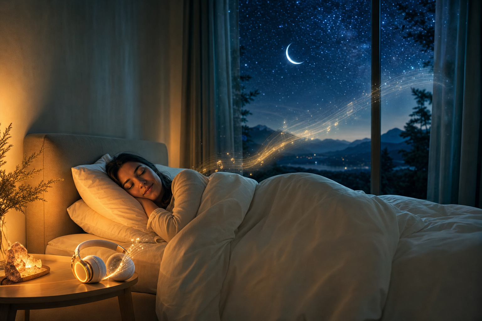 A person resting peacefully at night with warm light and headphones on the nightstand