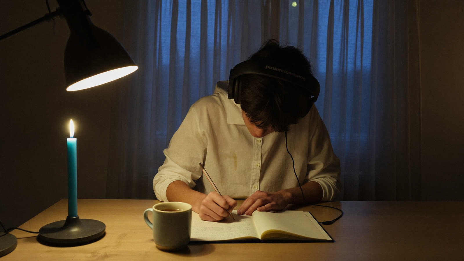 A person at a warm candlelit desk in the evening finally beginning to write