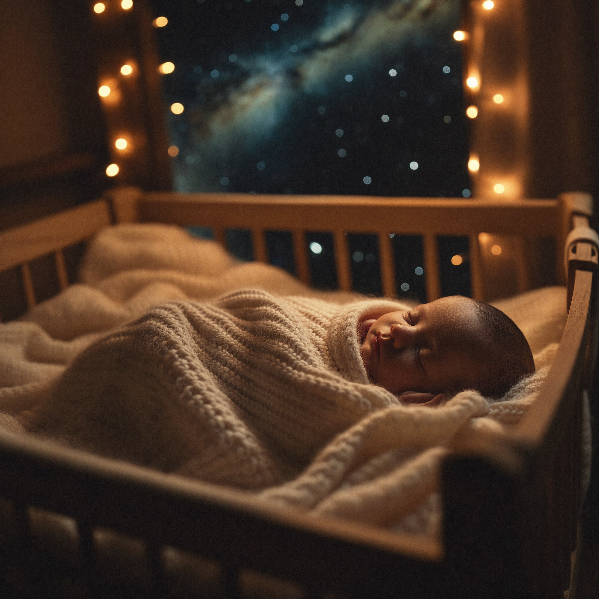 Baby sleeping peacefully in a cozy crib under a starry night sky