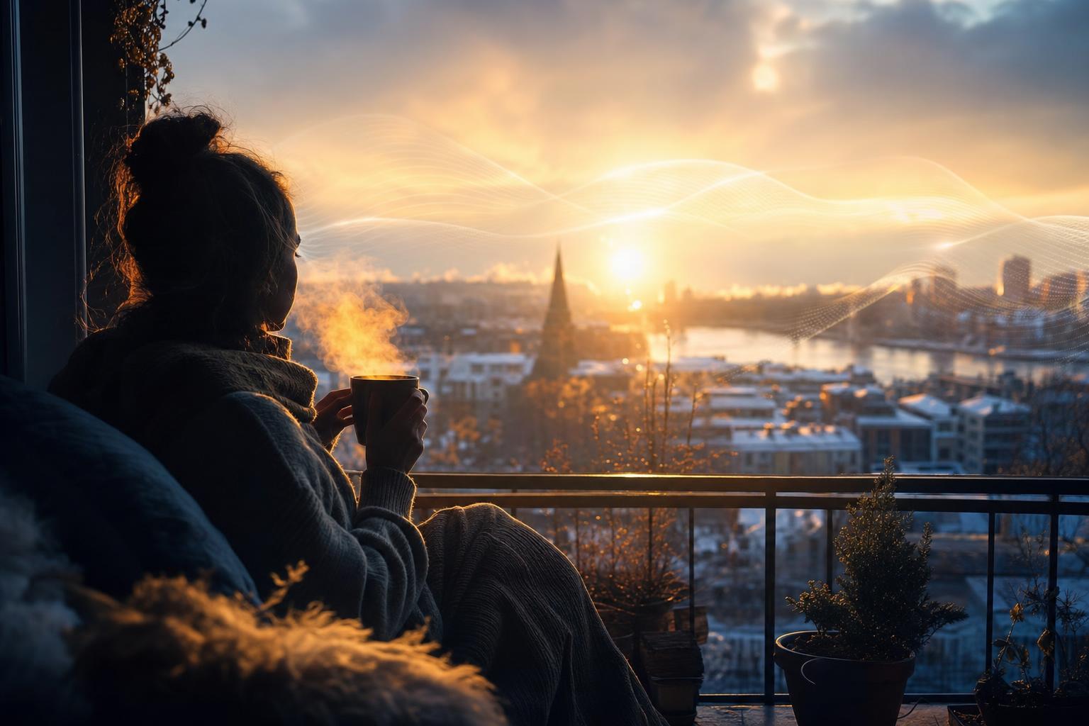 Sunrise gold flooding over a quiet city, warm mug in hand on a balcony