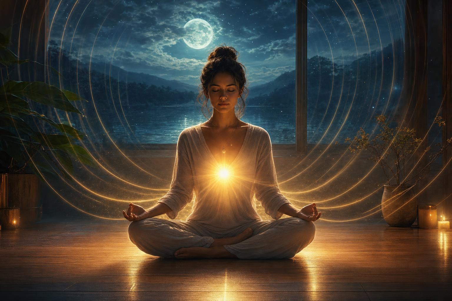 Seated meditation with a golden heart-level glow and cool moonlit window