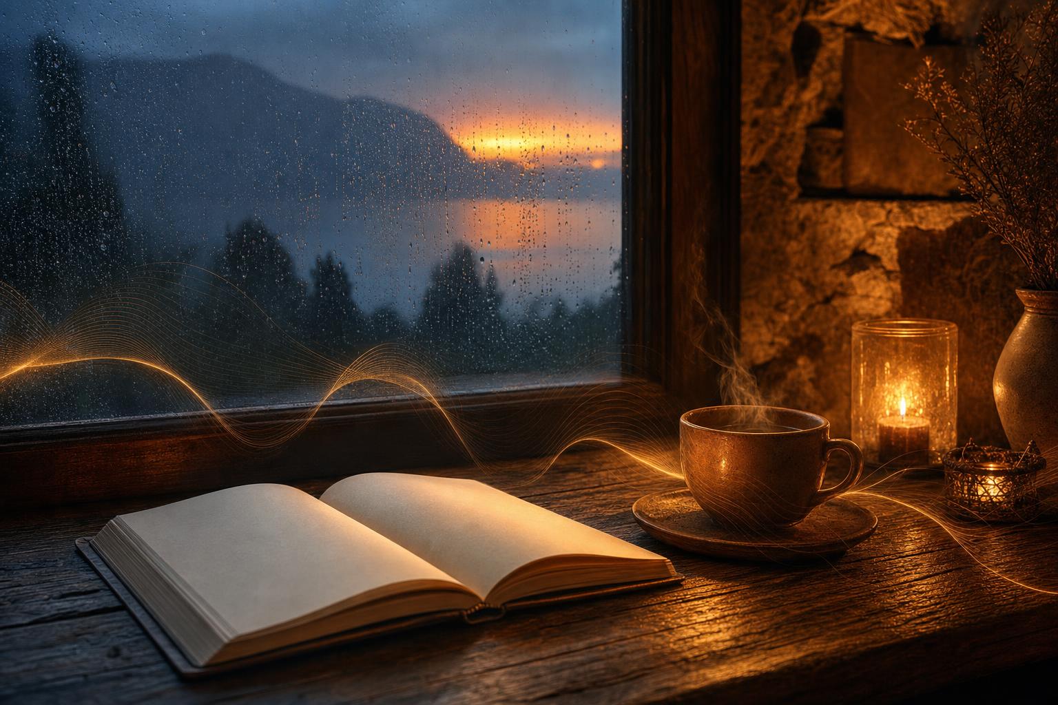 Open journal and warm cup by a rain-lit window at golden hour