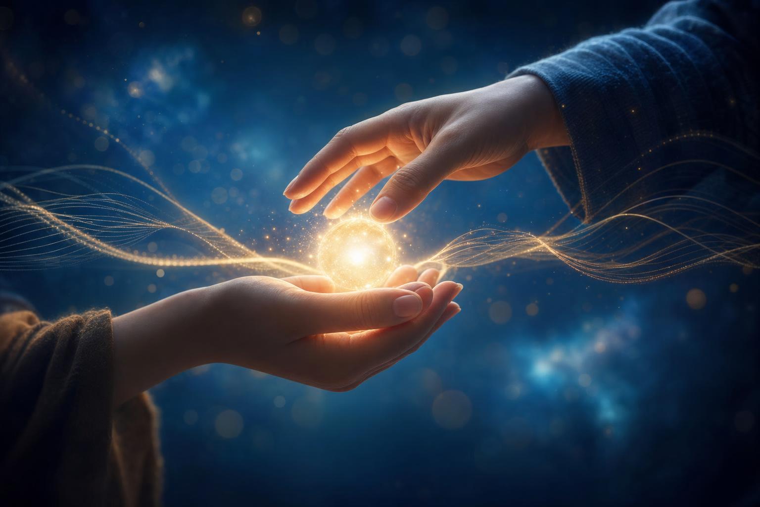 Two hands passing a small glowing light against twilight blue
