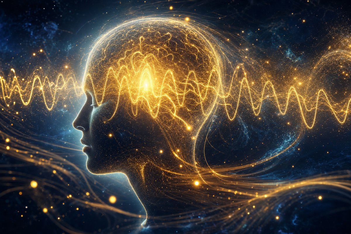 Golden 40 Hz gamma brainwave patterns flowing through a luminous head profile