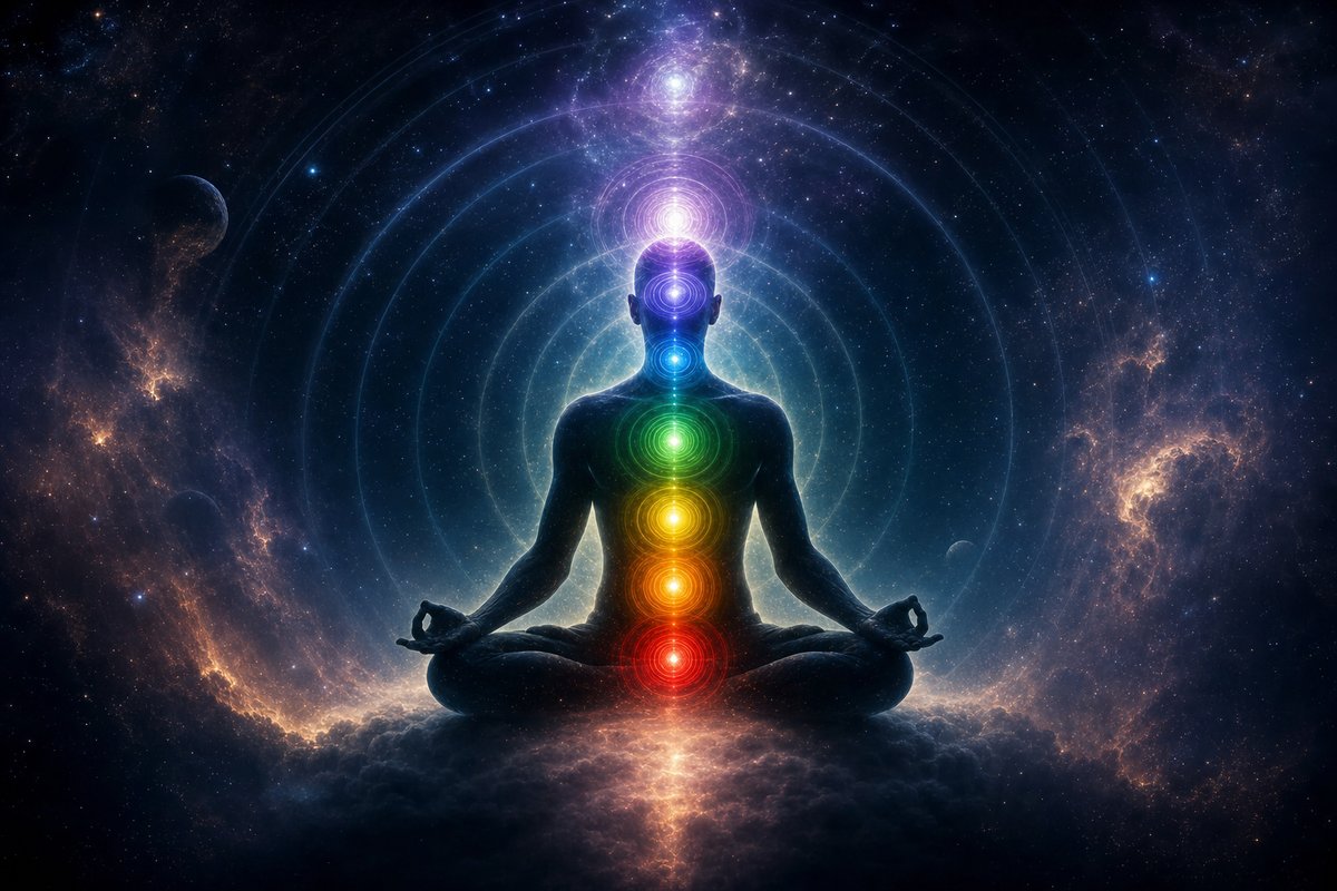 The seven chakra energy centers glowing in their traditional colors along a meditating silhouette
