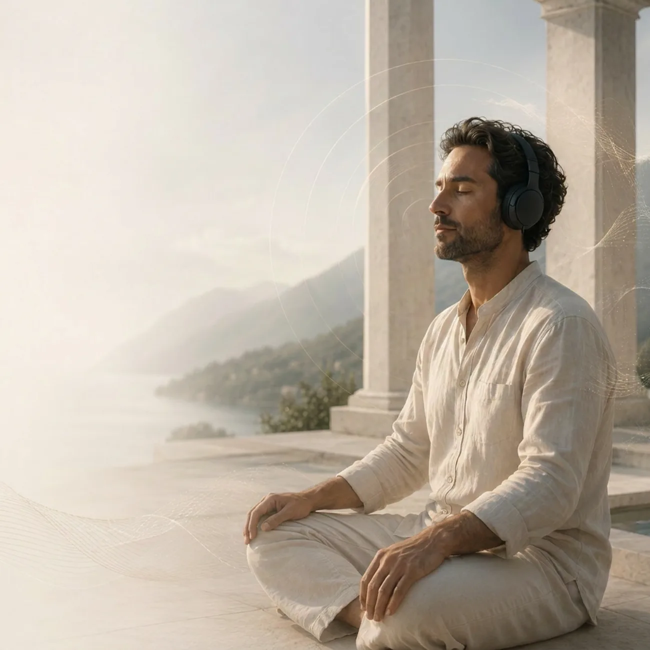 Man meditating with headphones in a serene landscape