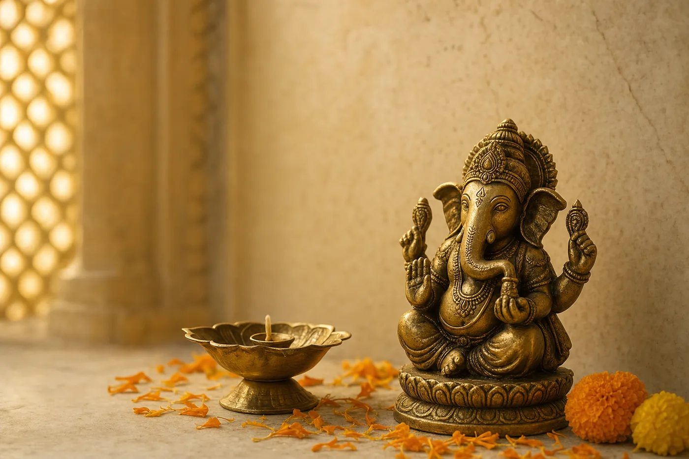 A serene brass Ganesha statue with marigold petals in soft golden light
