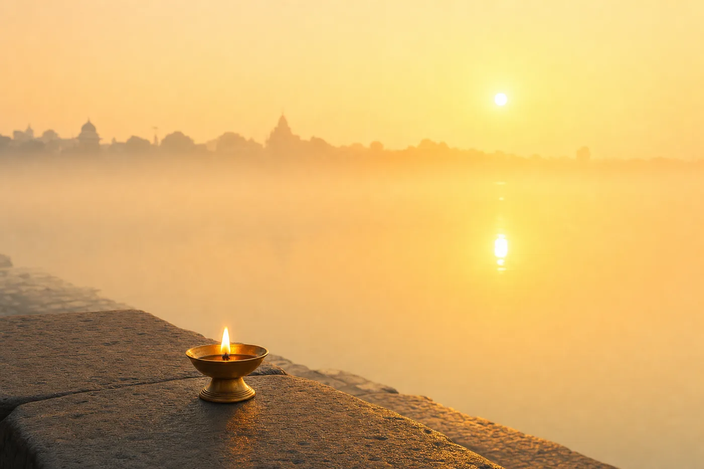The sun rising over a misty sacred river at dawn, a brass diya flame in the foreground