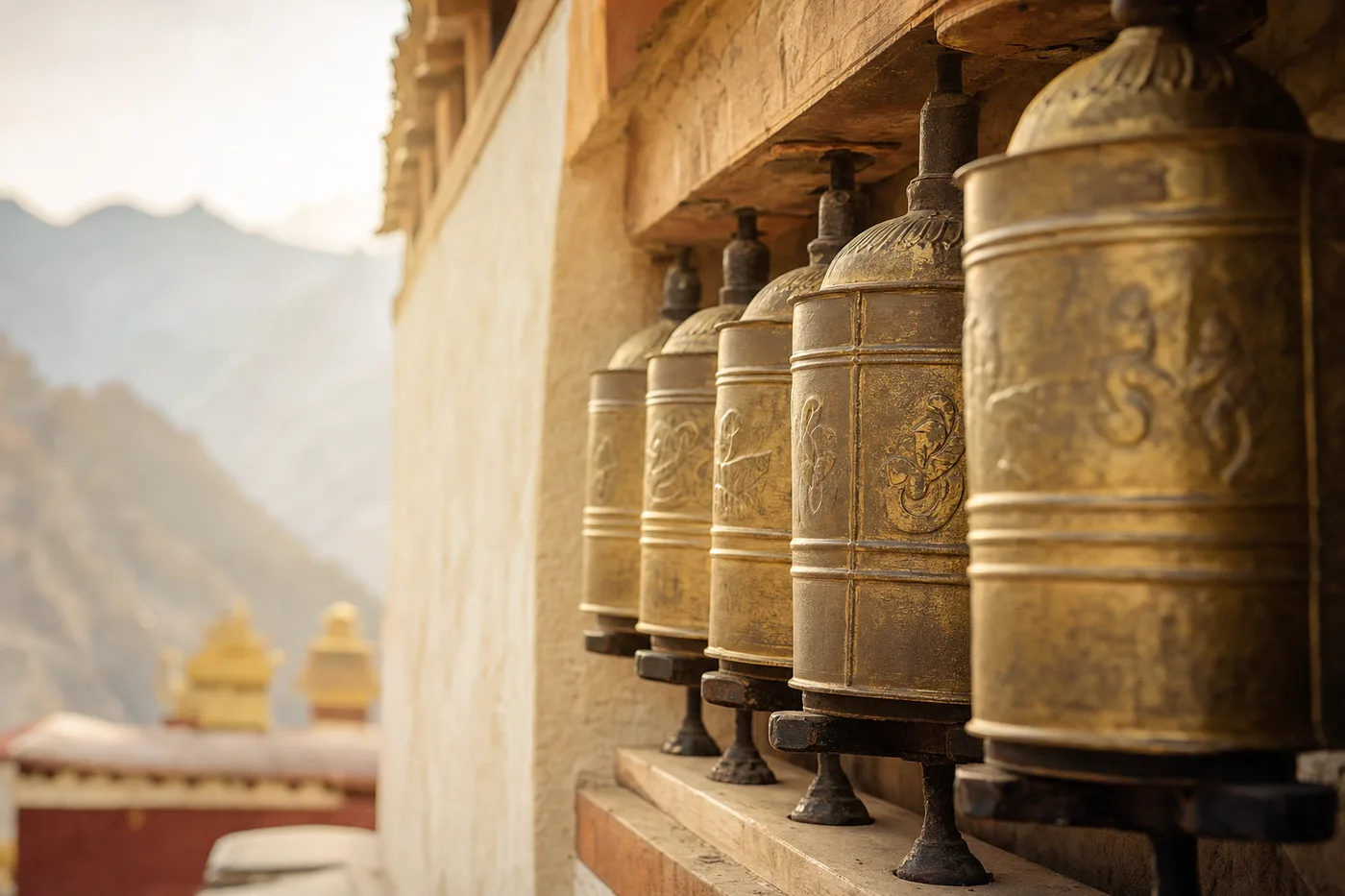 Golden Tibetan prayer wheels spinning in warm morning light