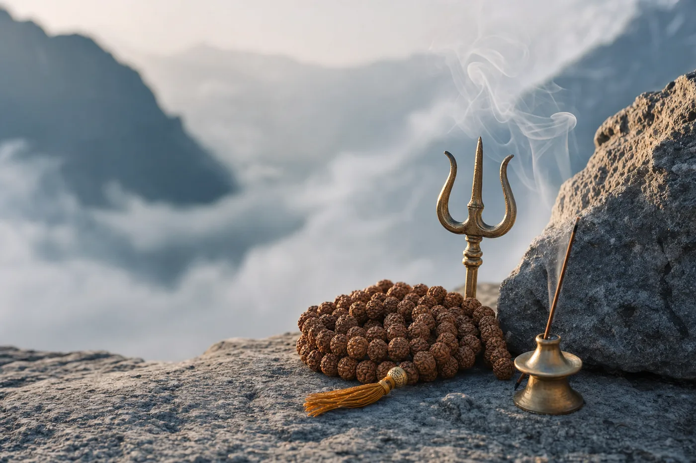 Rudraksha beads and a brass trident on Himalayan stone in soft morning light