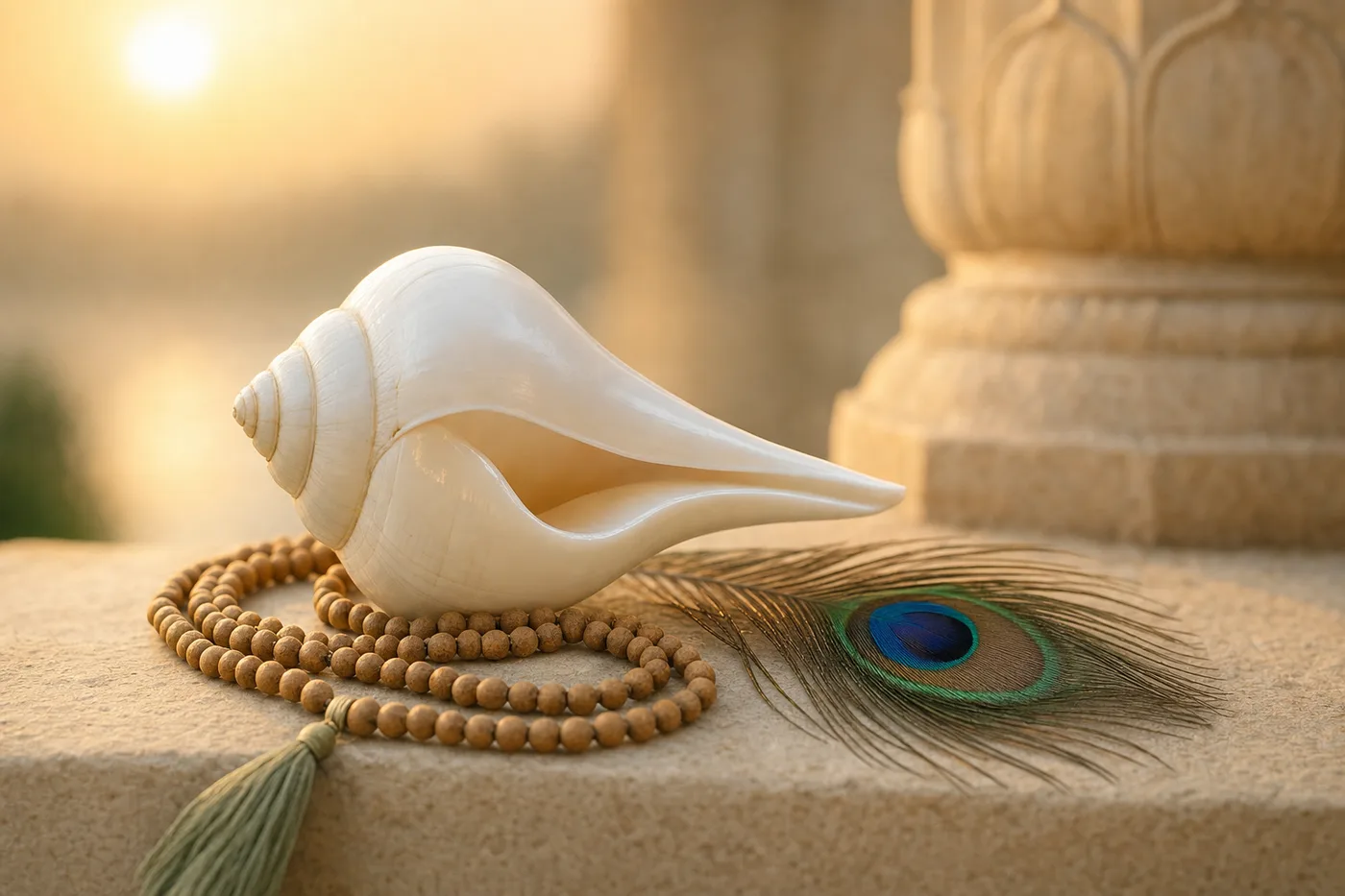 A white conch shell, tulsi beads and a peacock feather in golden dawn light