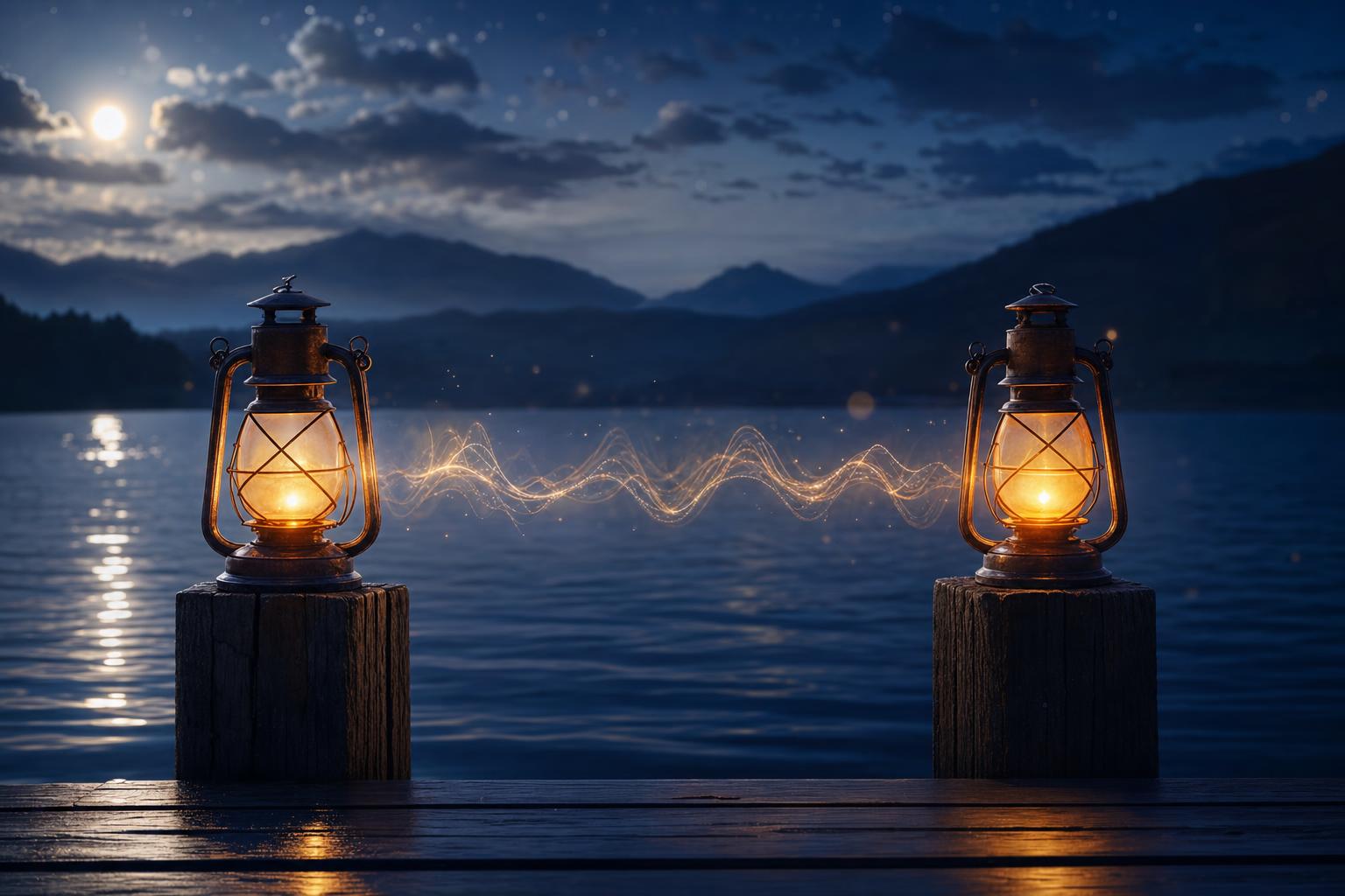 Two steady lanterns on a calm night pier, close but each on its own post