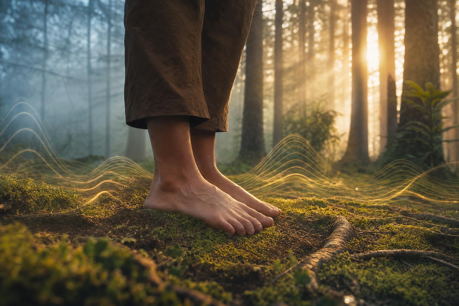 Bare feet on warm forest moss in golden evening light