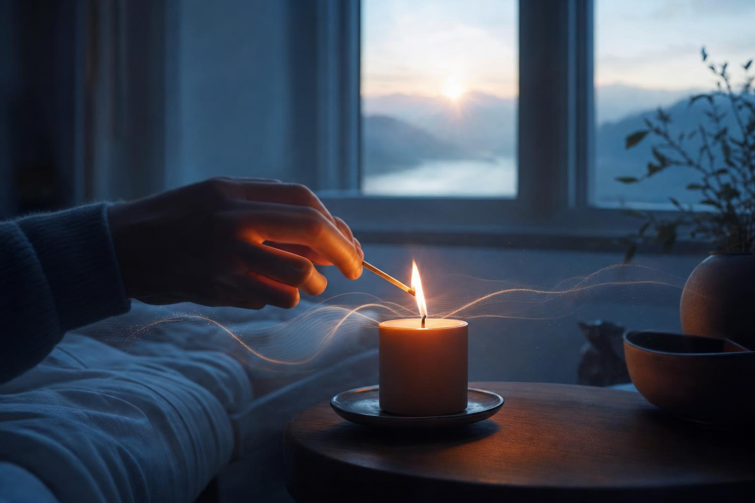 A candle being lit in a cool blue pre-dawn room as first sunlight arrives