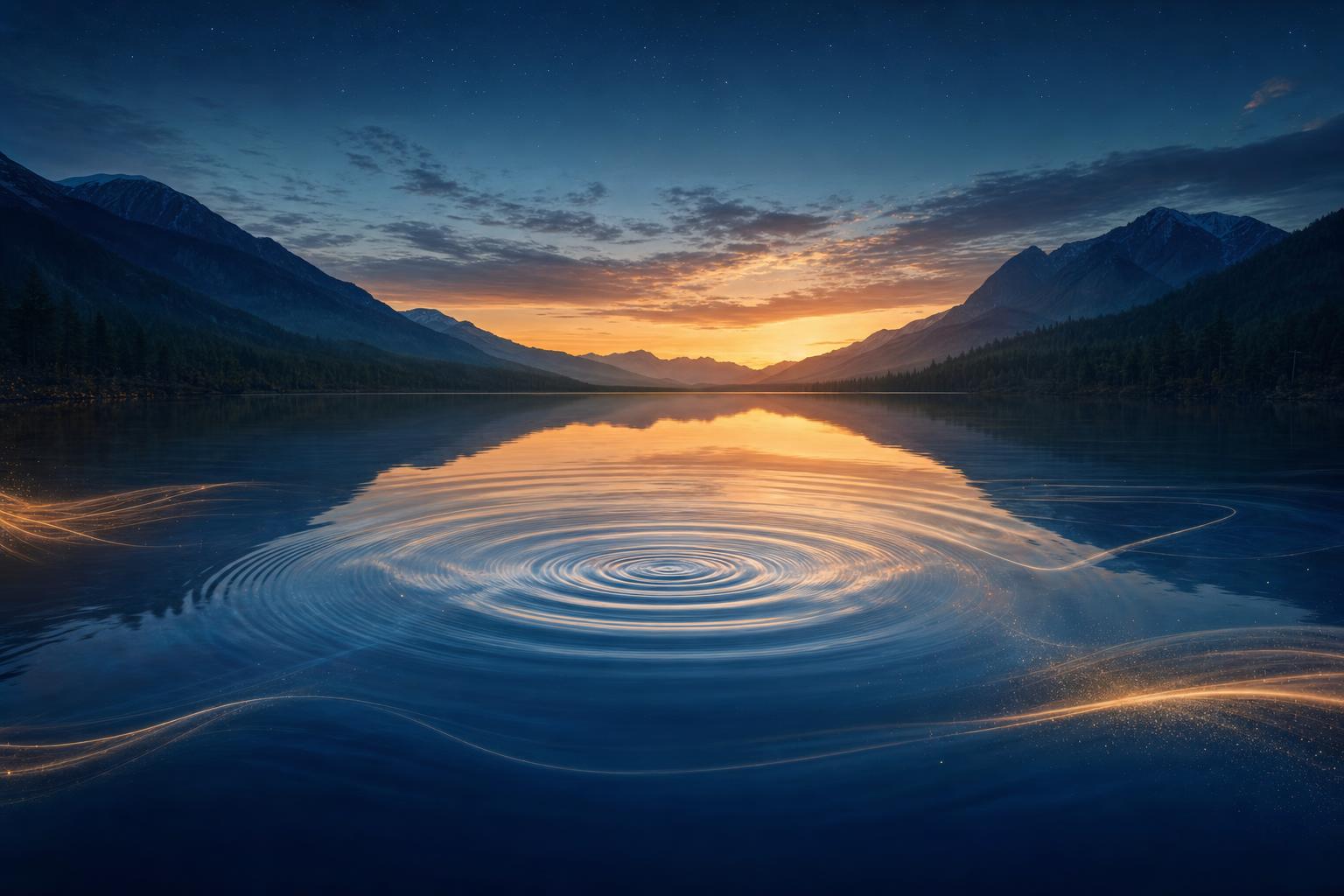Still lake at dusk with one calm ripple — nervous system settling