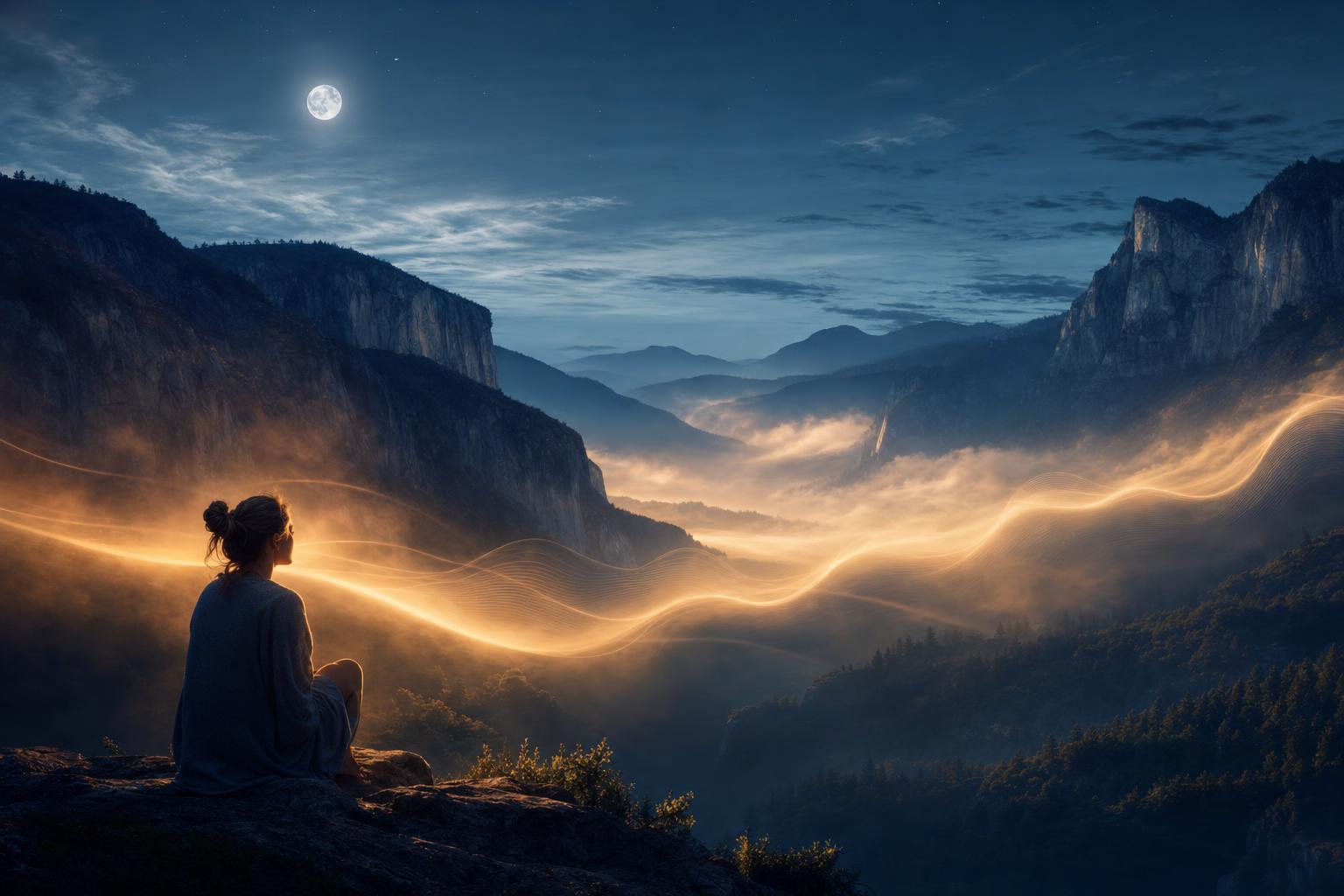 A slow golden wave of mist moving through a moonlit valley like one long exhale
