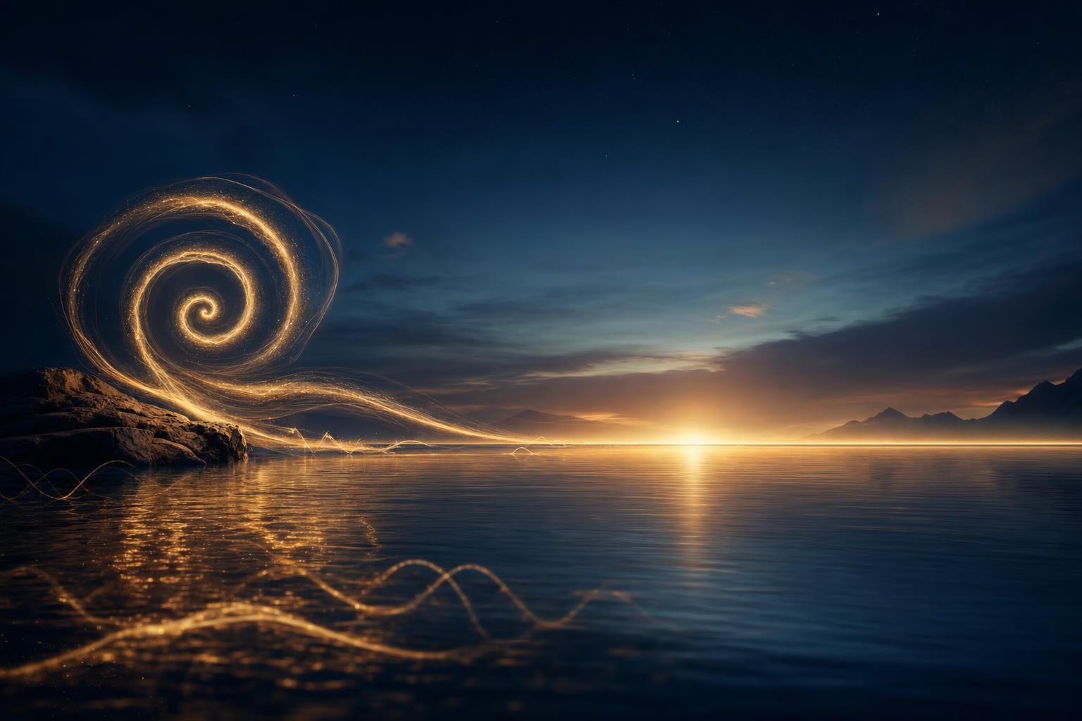 A golden spiral of light unwinding into a calm horizon over dark water