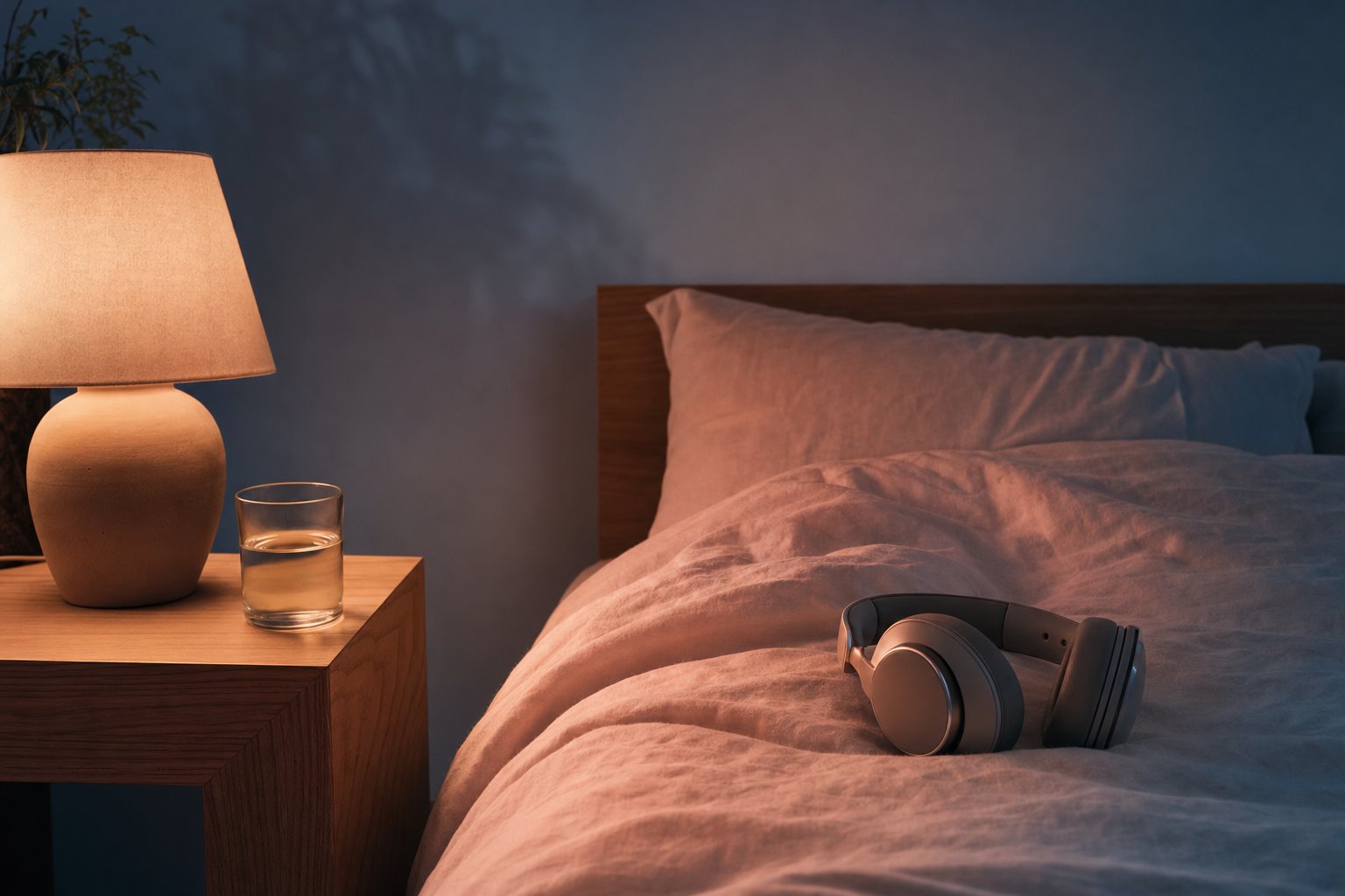 A dim bedroom at night in warm lamplight: over-ear headphones resting on a cream linen duvet beside a low ceramic bedside lamp and a small glass of water on pale oak, soft dusty-pink light across the bedding with muted blue shadows on the wall