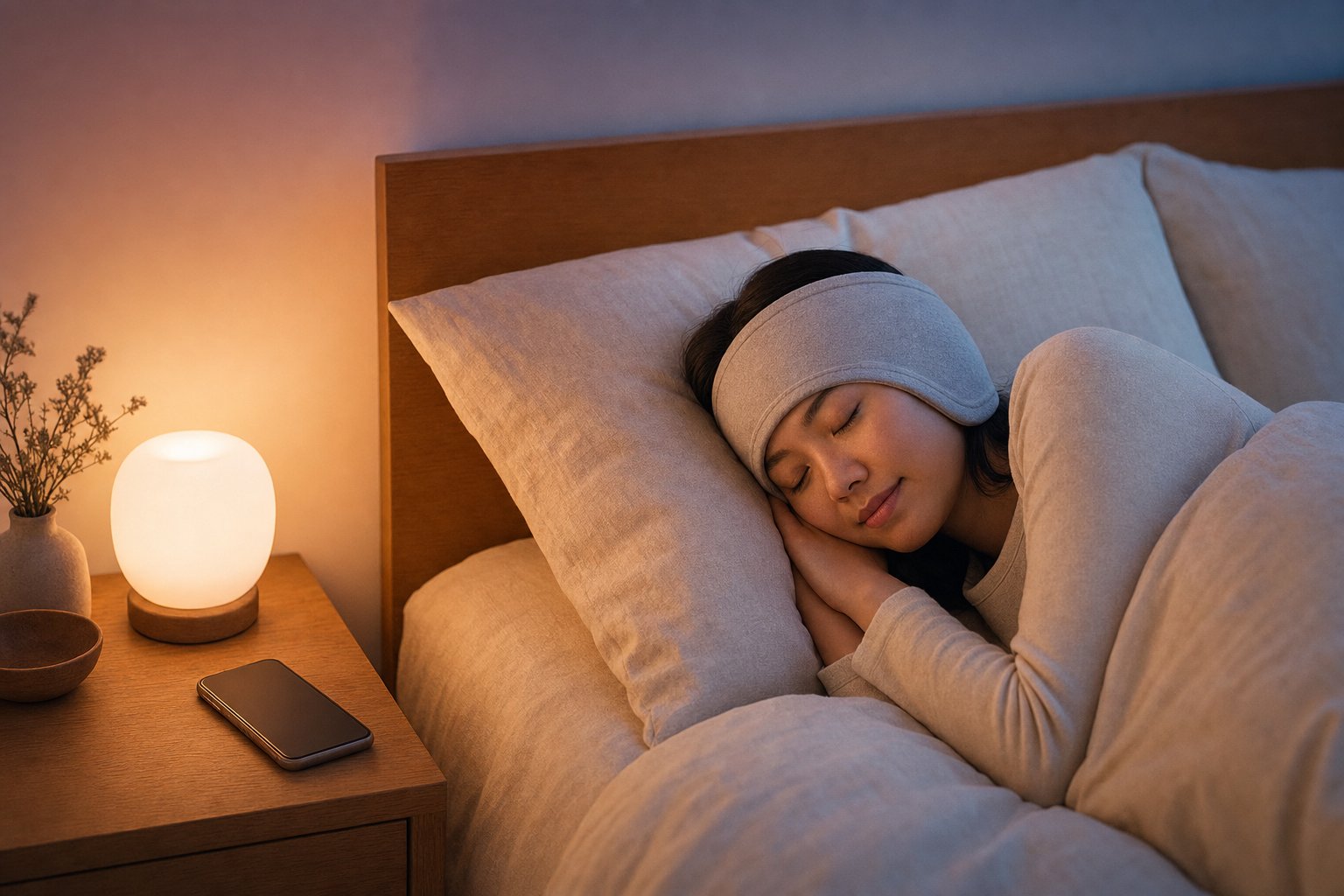 A person lying on their side in a bed with cream linen sheets, eyes closed, wearing a soft fabric sleep headband over the ears, beside a warm wooden nightstand holding a small dimmed lamp and a phone, in soft dusty-pink ambient light with muted blue shadows