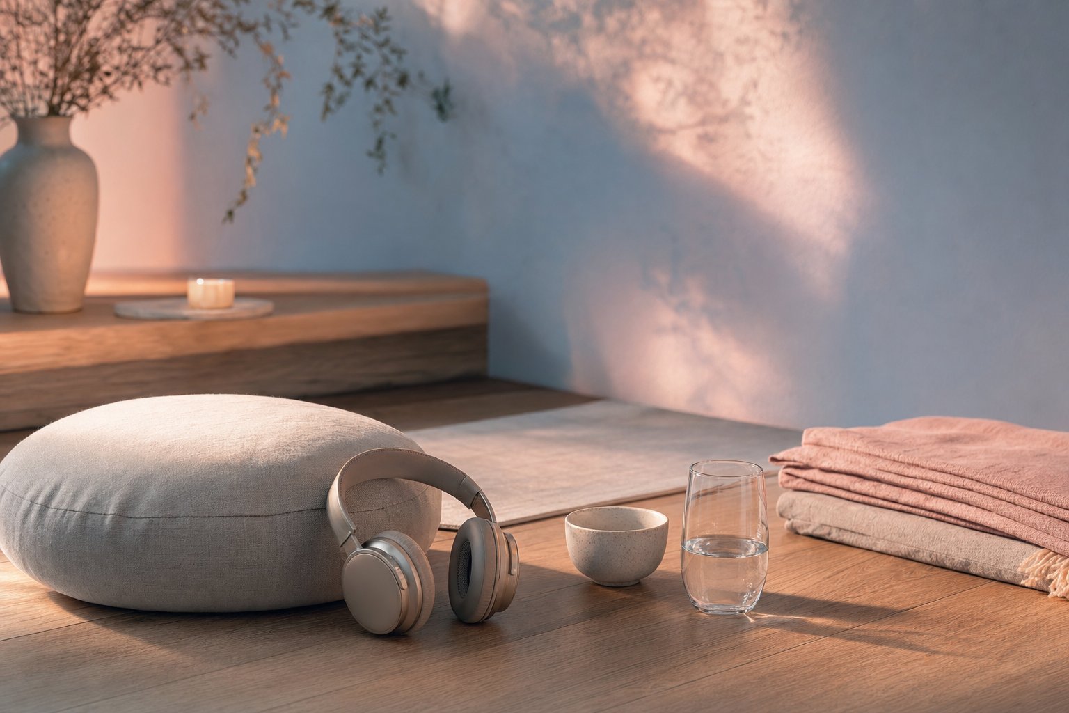 A quiet morning meditation corner on warm oak flooring: a cream linen cushion with over-ear headphones resting beside it, a low ceramic bowl and a glass of water, soft dusty-pink light falling across folded linen with muted blue shadows on the wall behind