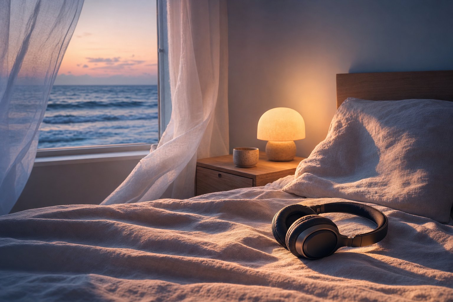 A dim bedroom at dusk in warm lamplight: over-ear headphones resting on a rumpled cream linen duvet beside a pale oak nightstand with a small ceramic cup, sheer curtains lifting at an open window, soft dusty-pink light across the bedding and muted blue shadows on the wall