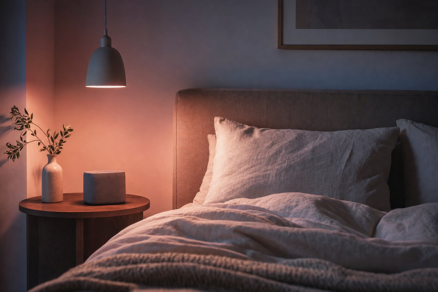 A quiet bedroom at night with cream linen bedding and a small speaker on a wooden bedside table, lit by soft dusty-pink ambient light with muted blue shadows