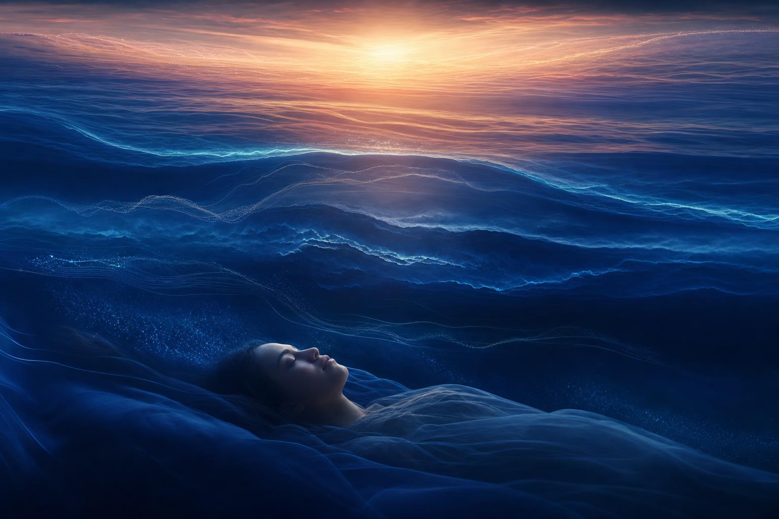 Layered luminous waves descending into deep indigo depths