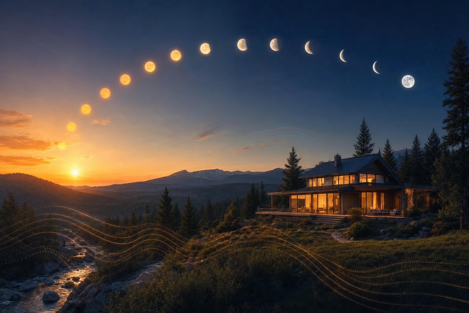 Sun and moon arcing over a quiet house at twilight — rhythm restored