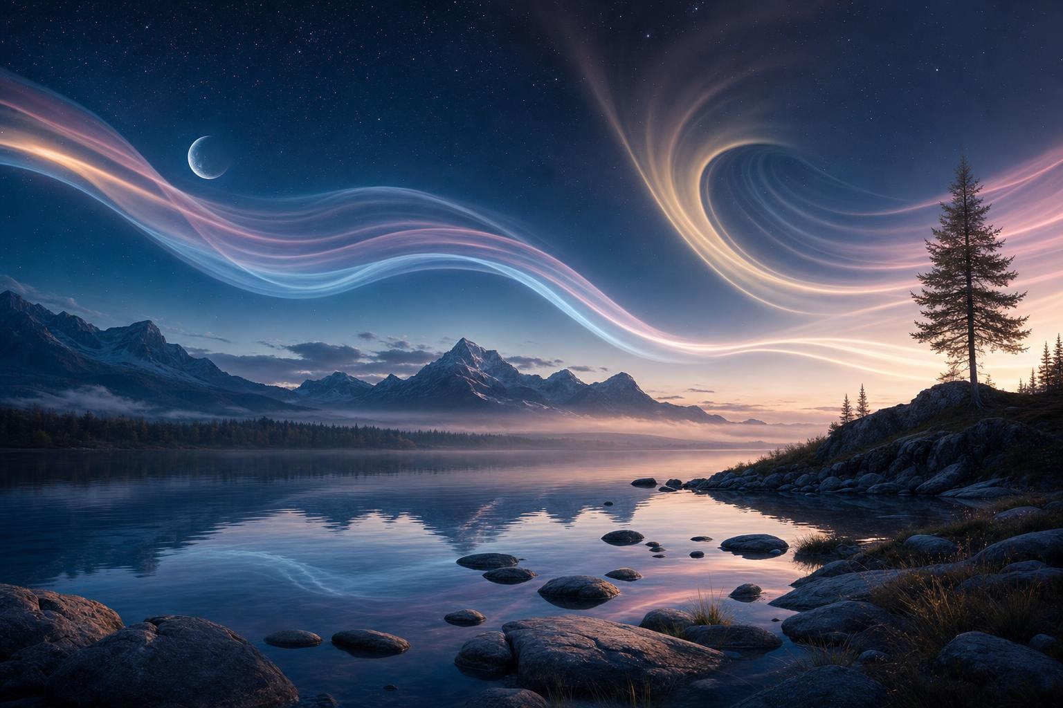 Aurora ribbons drifting above a sleeping moonlit landscape