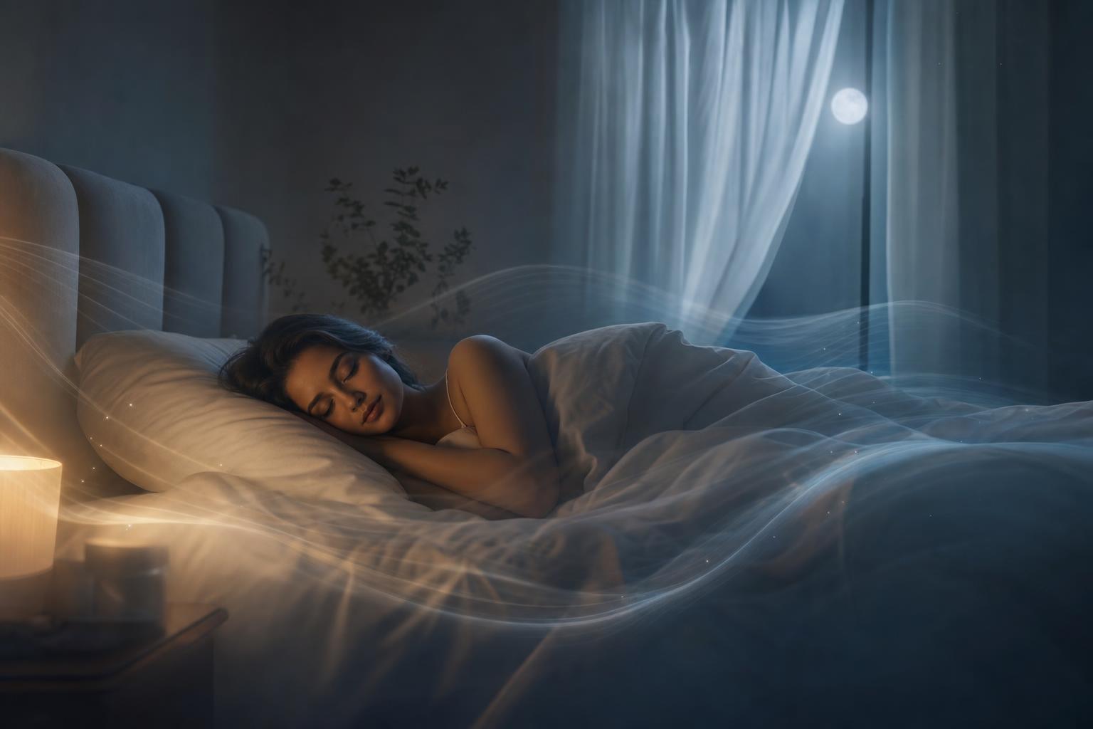 Moonlit bedroom with warm bedside glow fading over white linen