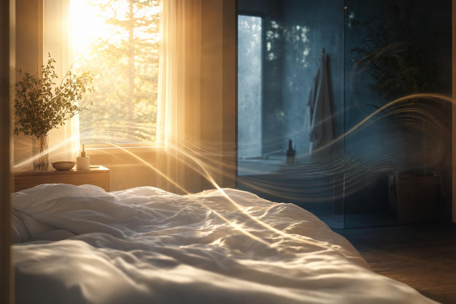 Bright morning sun on rumpled white linens with one cool shadowed corner