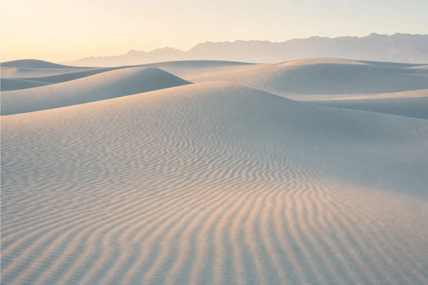 Rhythmic wave patterns carved in pale sand dunes