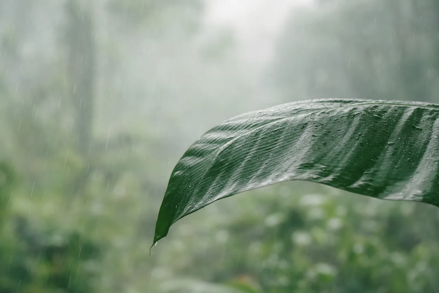 Soft rain falling on a green leaf in a misty forest